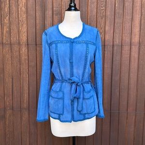 Super unique blue suede + crochet jacket, What Goes Around Comes Around, size M